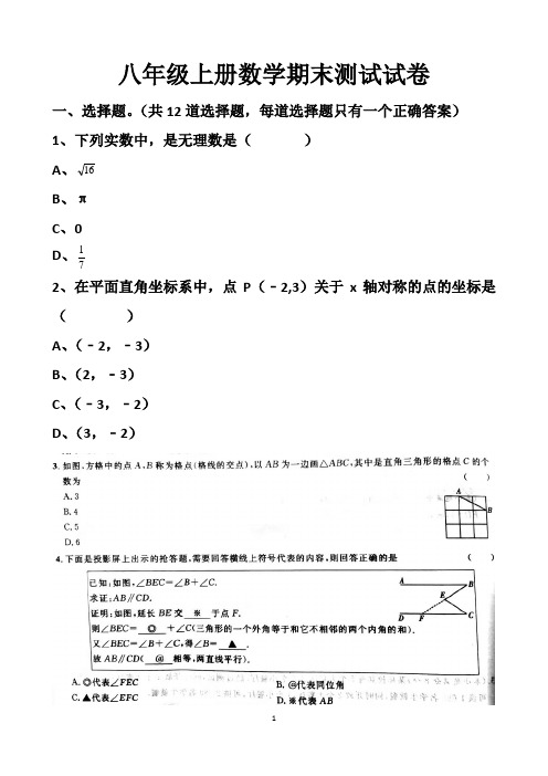 最新北师大版八年级上册数学期末测试试题以及答案(2套题)