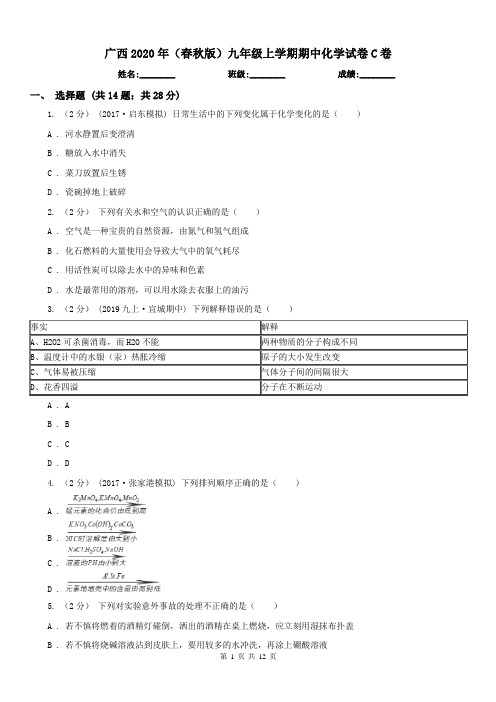 广西2020年(春秋版)九年级上学期期中化学试卷C卷