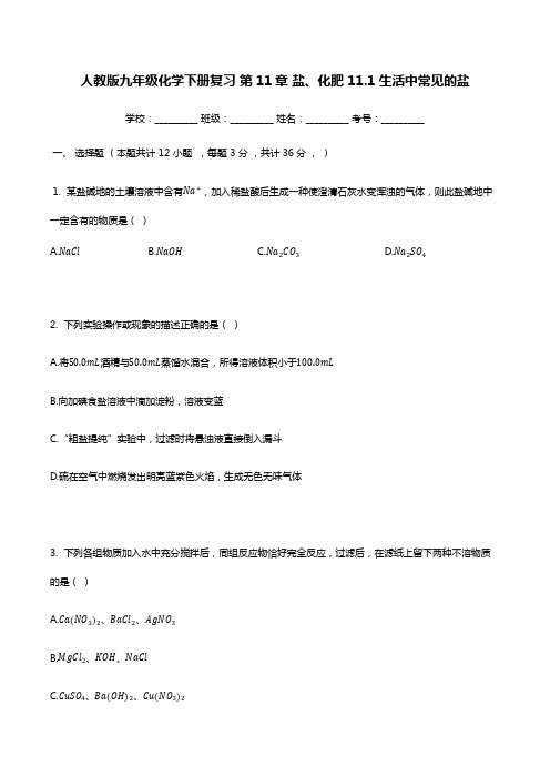 人教版九年级化学下册复习_第11章_盐、化肥_生活中常见的盐(有答案)