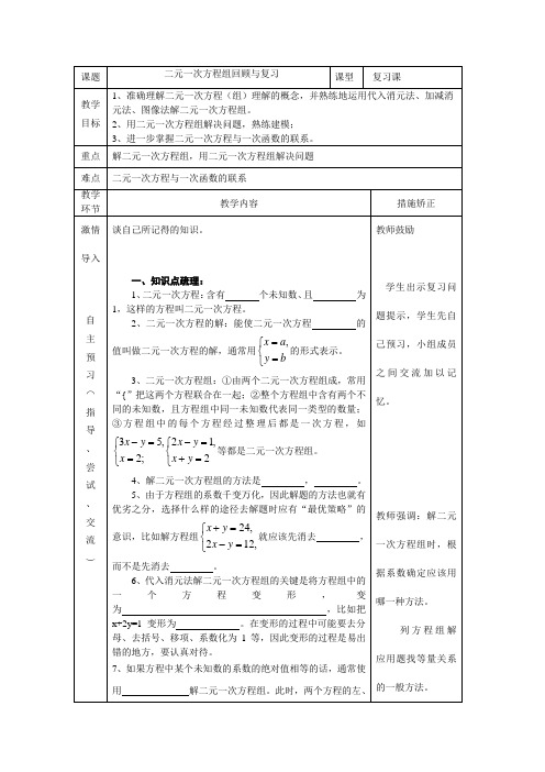 青岛版七年级数学下册 第十章《二元一次方程组》复习教案设计