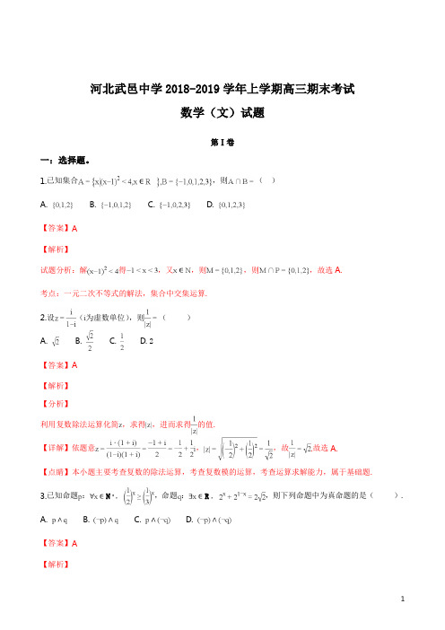 精品解析：【全国百强校】河北省武邑中学2019届高三上学期期末考试数学(文)数学(解析版)