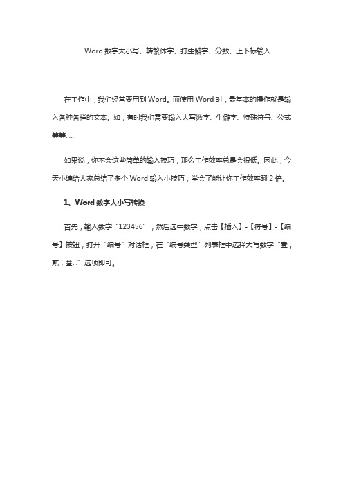 Word数字大小写、转繁体字、打生僻字、分数、上下标输入