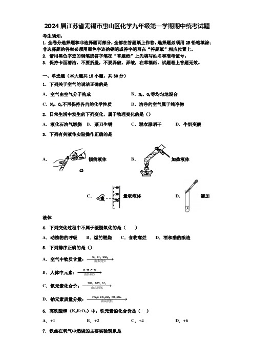 2024届江苏省无锡市惠山区化学九年级第一学期期中统考试题含答案解析