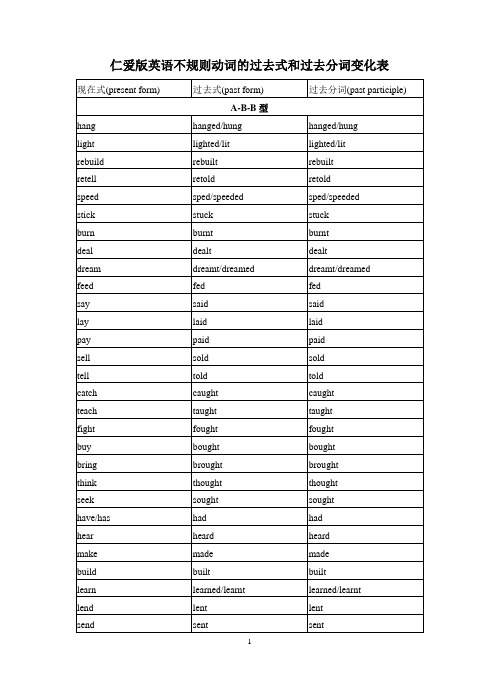 仁爱版英语不规则动词的过去式和过去分词变化表