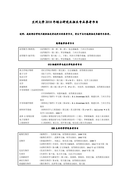 兰州大学2018年硕士研究生招生专业参考书目