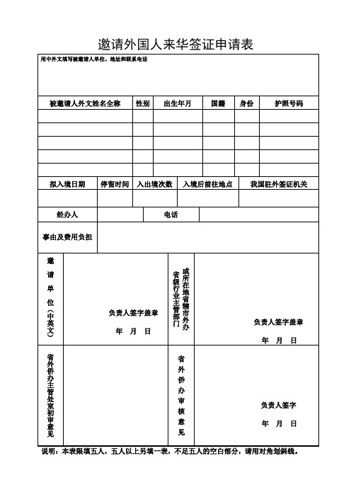 邀请外国人来华签证申请表