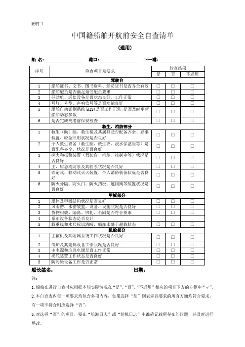 中国籍船舶开航前安全自查清单(2017新版)(最新整理)