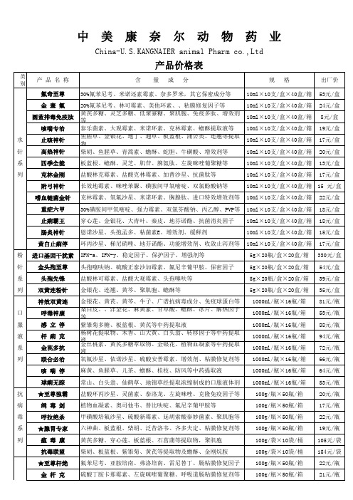 中美康奈尔动物药业有限公司产品价格表