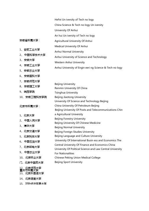 全国高校大学名称中英文对照