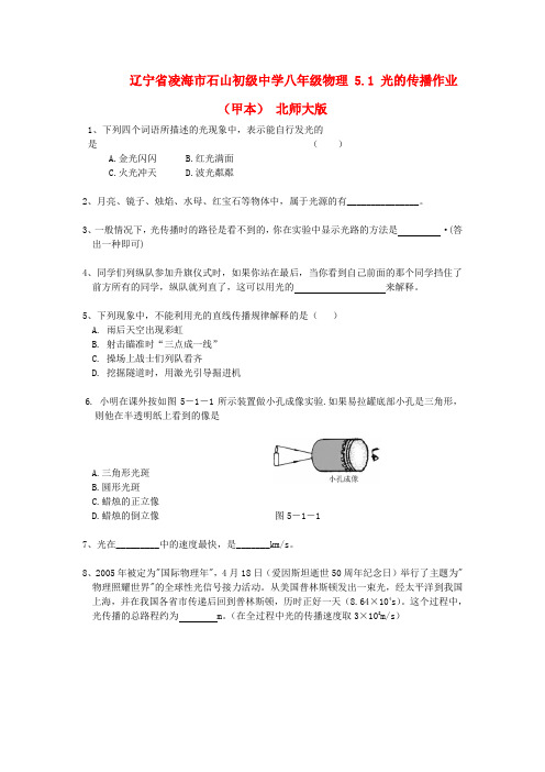 辽宁省凌海市石山初级中学八年级物理 5.1 光的传播作业(甲本)(无答案) 北师大版