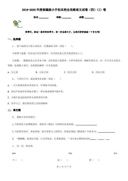 2019-2020年度部编版小升初名校全攻略语文试卷(四)(I)卷