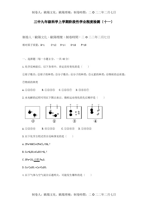 九年级科学上学期阶段性学业水平检测十一  试题