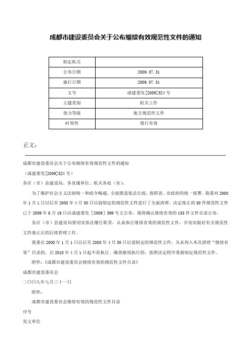 成都市建设委员会关于公布继续有效规范性文件的通知-成建委发[2009]524号