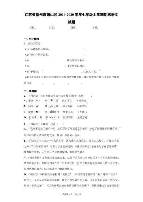 江苏省徐州市铜山区2019-2020学年七年级上学期期末语文试题(含答案解析)