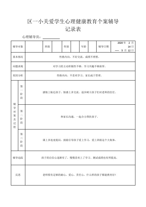 关爱学生心理健康教育个案辅导记录表4