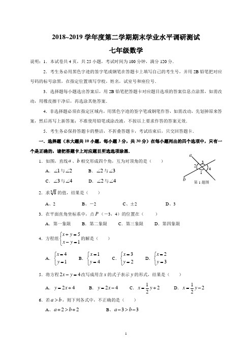 18-19第二学期数学测试七年级数学试卷及答案