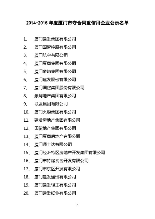 2014-2015年度厦门市守合同重信用企业公示名单