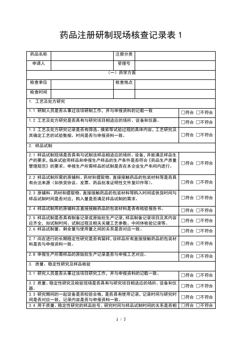 药品注册研制现场和生产现场核查记录表1