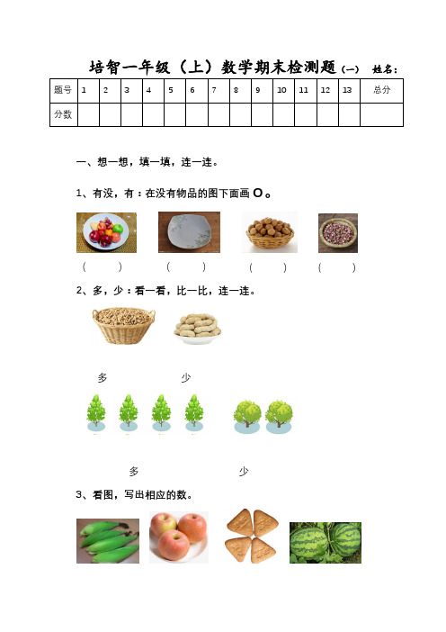 培智一年级数学上册 期末测试题