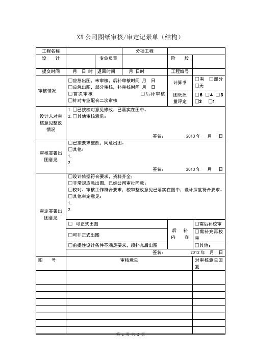 XX公司图纸审核审定记录单