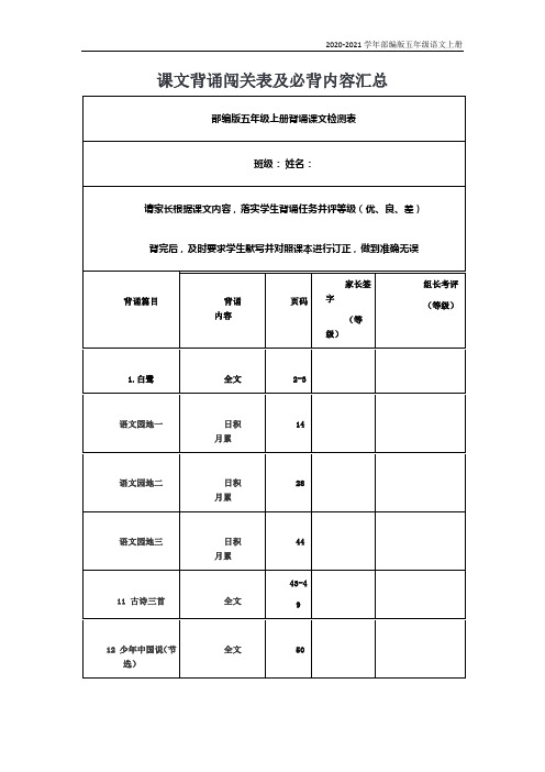 部编版语文五年级上册背诵课文检测表