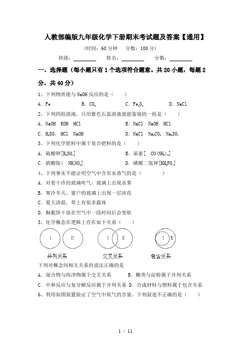 人教部编版九年级化学下册期末考试题及答案【通用】