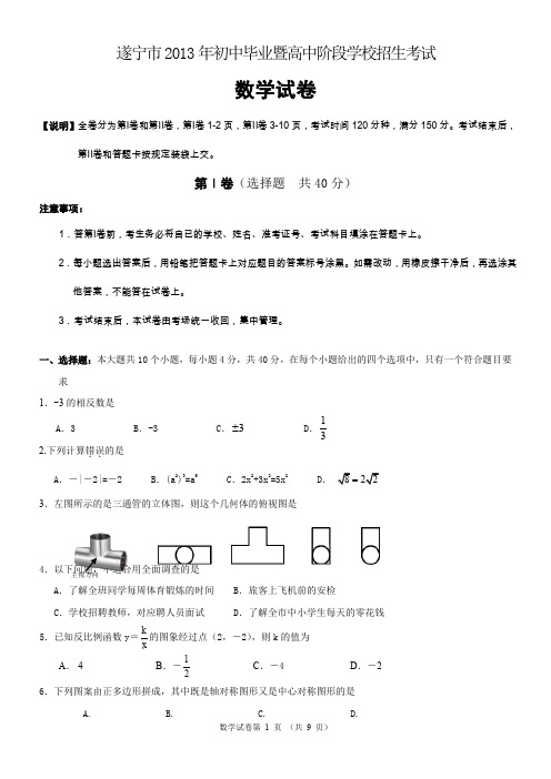 2013年遂宁市中考数学试卷及评分标准(Word版)