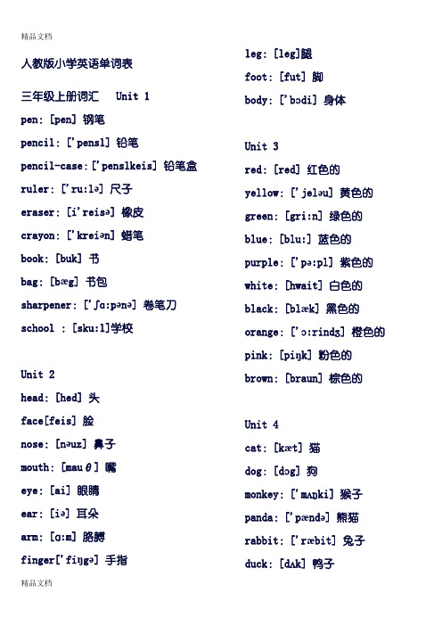 最新人教版小学英语单词表三年级至六年级--A4纸张打印