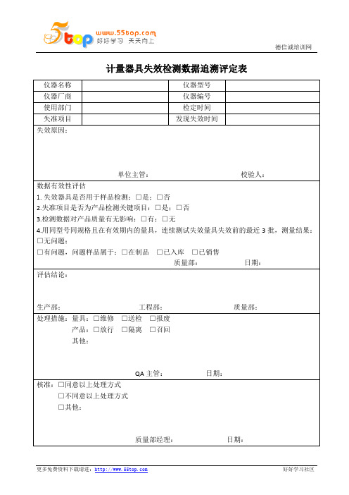 计量器具失效检测数据追溯评定表