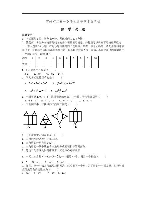 2010年山东滨州中考数学试题(word版及答案)