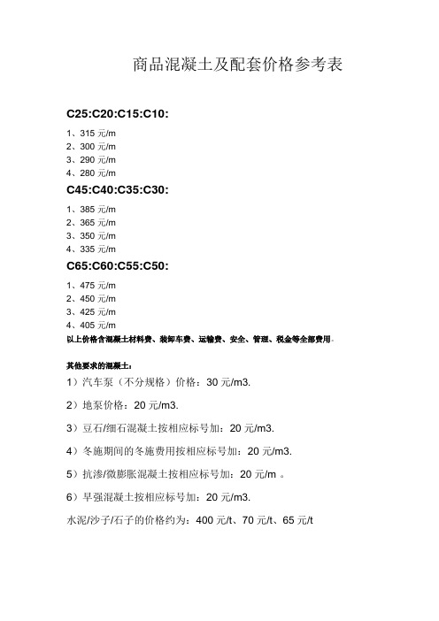 商品混凝土及配套价格参考表