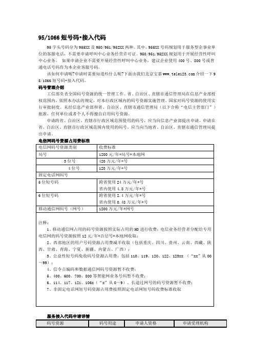 95、1066短号码接入代码业务申请