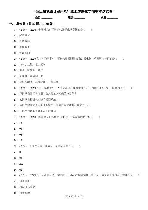 怒江傈僳族自治州九年级上学期化学期中考试试卷  