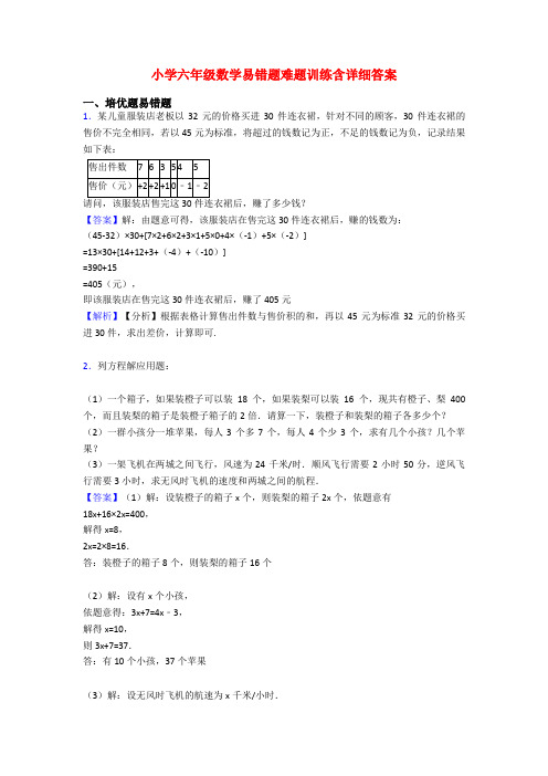 小学六年级数学易错题难题训练含详细答案