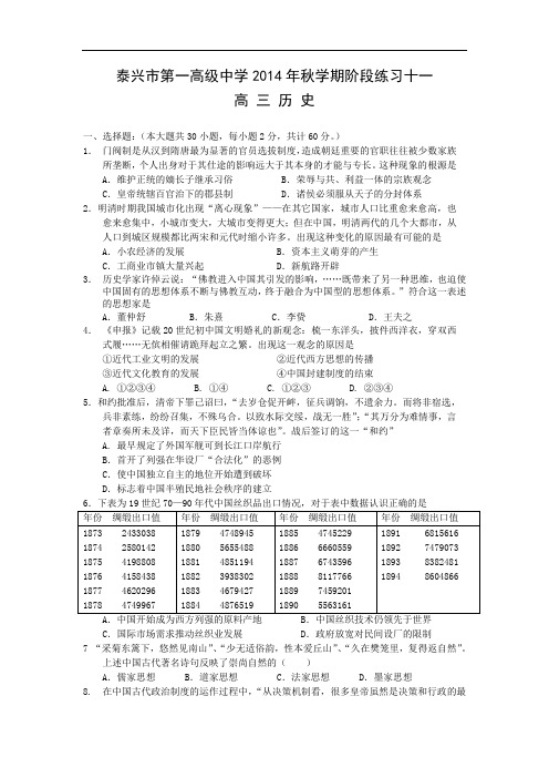 高三历史月考试题及答案-江苏省泰兴市第一高级中学2015届高三下学期阶段练习十一