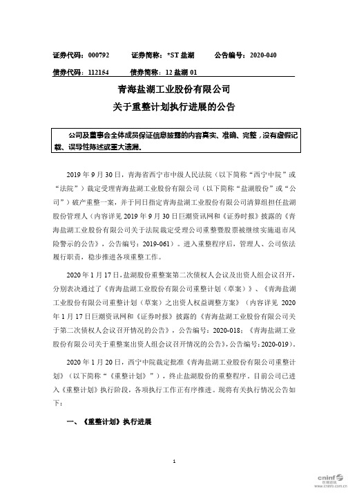 盐湖：关于重整计划执行进展的公告 (1)