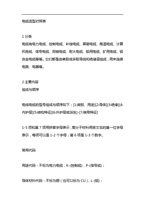 电缆选型对照表