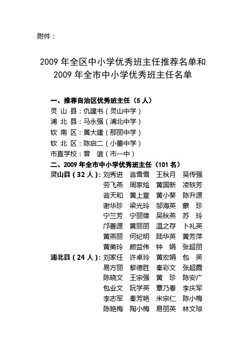 2009年全区中小学优秀班主任推荐名单和2009年全市中小...