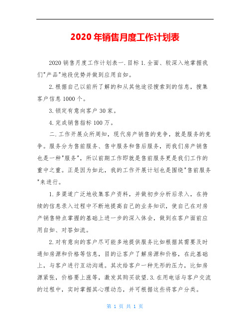 2020年销售月度工作计划表