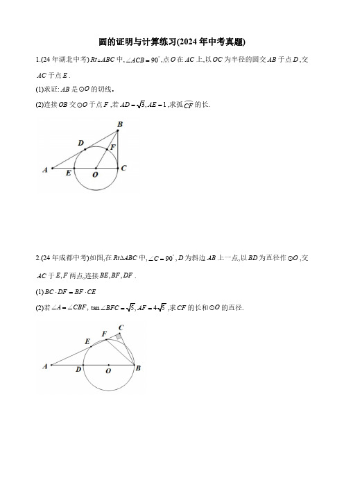 圆的证明与计算练习(2024年中考真题)