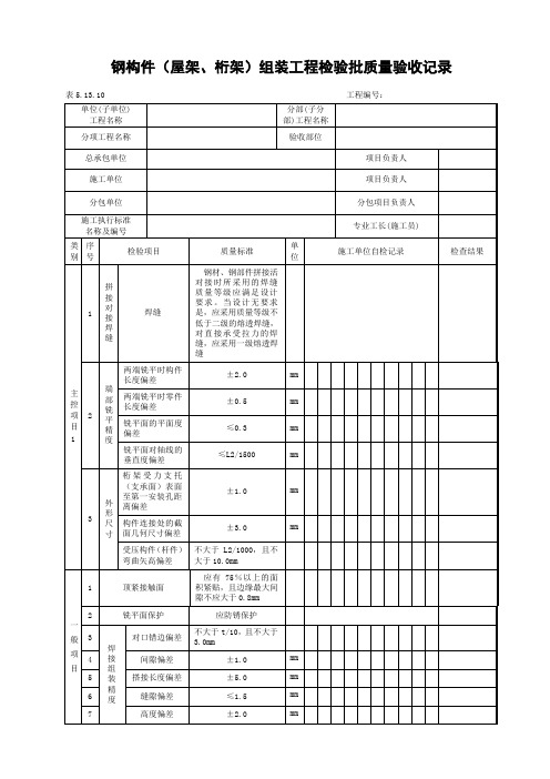 钢构件(屋架、桁架)组装工程检验批质量验收记录录