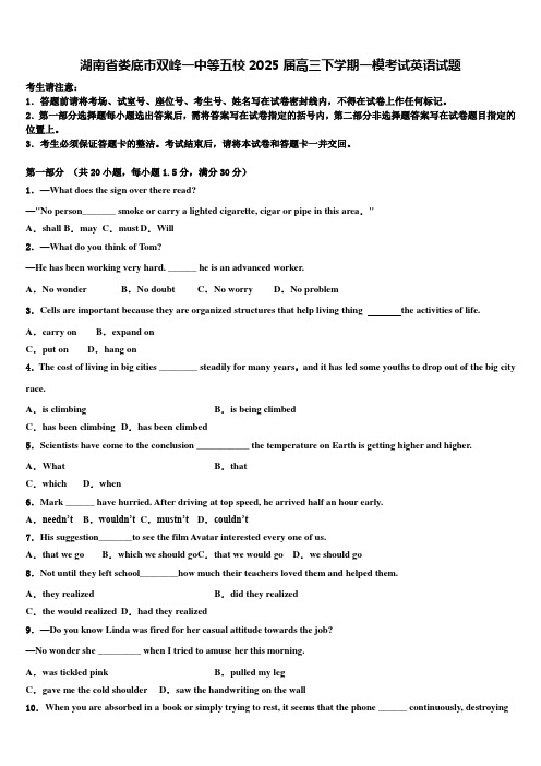 湖南省娄底市双峰一中等五校2025届高三下学期一模考试英语试题含解析