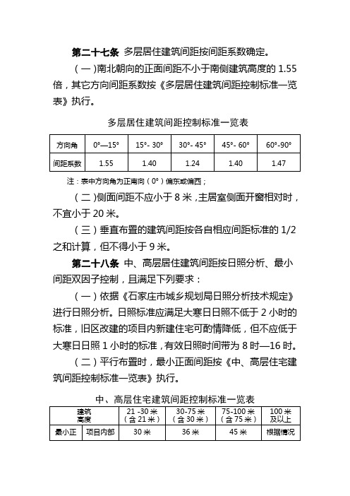 石家庄多高层住宅楼间距及日照时间规定