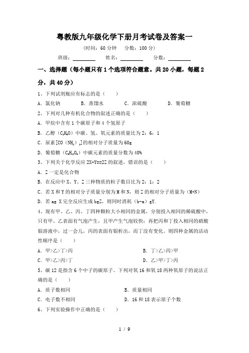 粤教版九年级化学下册月考试卷及答案一