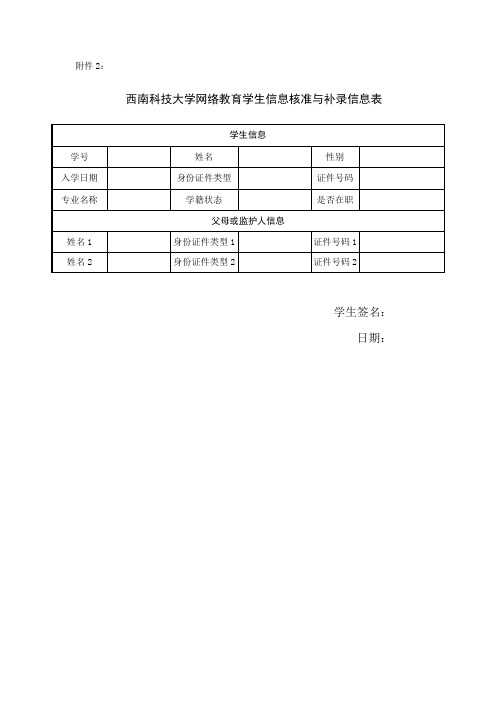 西南科技大学网络教育学生信息核准与补录信息表