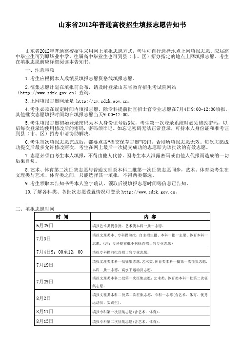 山东省2012年普通高校招生填报志愿告知书