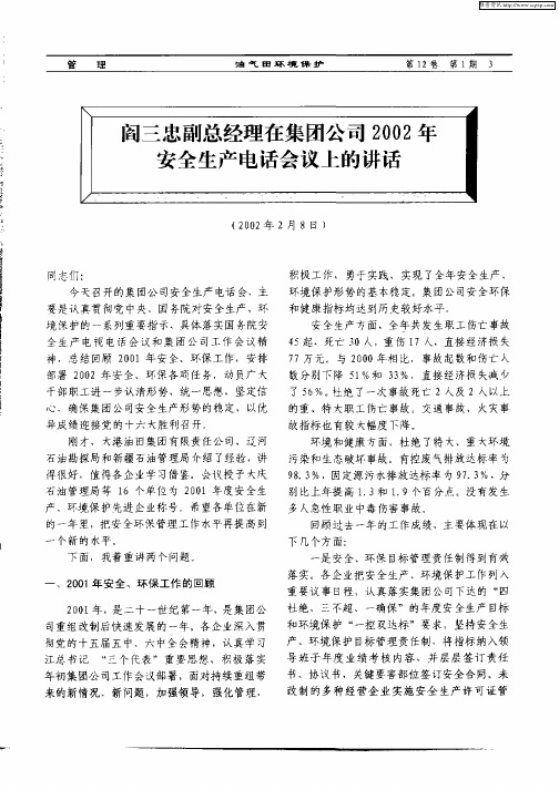 阎三忠副总经理在集团公司2002年安全生产电话会议上的讲话