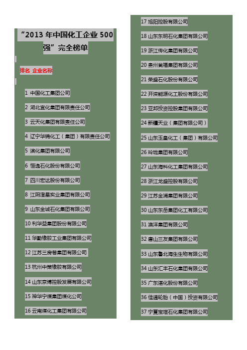 2013年化工企业排行榜单范文