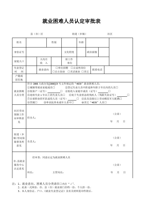 就业困难人员认定审批表