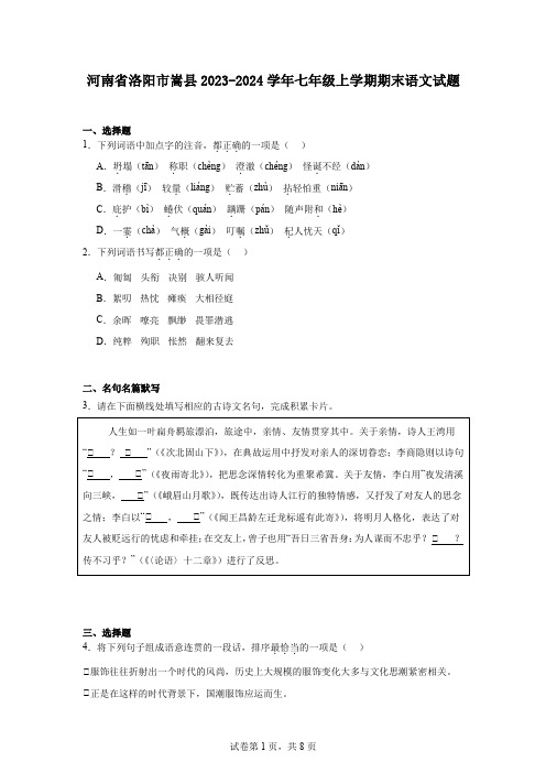 河南省洛阳市嵩县2023-2024学年七年级上学期期末语文试题